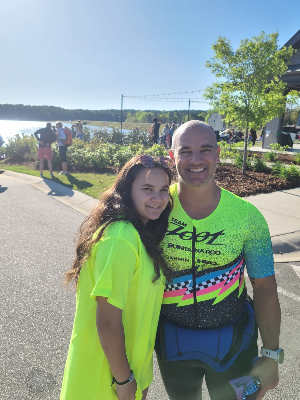 My daughter and I before the swim of the Pinehurst Triathlon